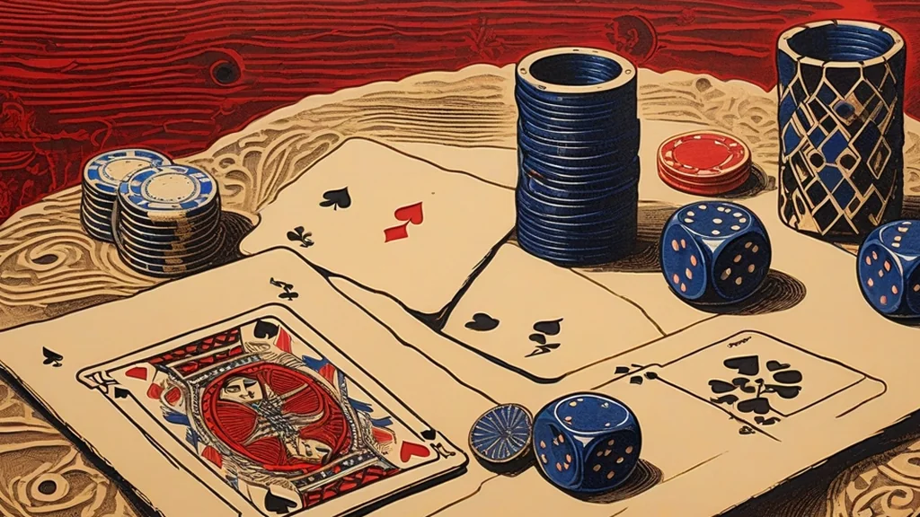 Gravura em estilo cordel: cartas, dados e fichas sobre uma mesa