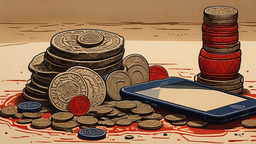 Gravura em estilo cordel: moedas empilhadas ao lado de um celular